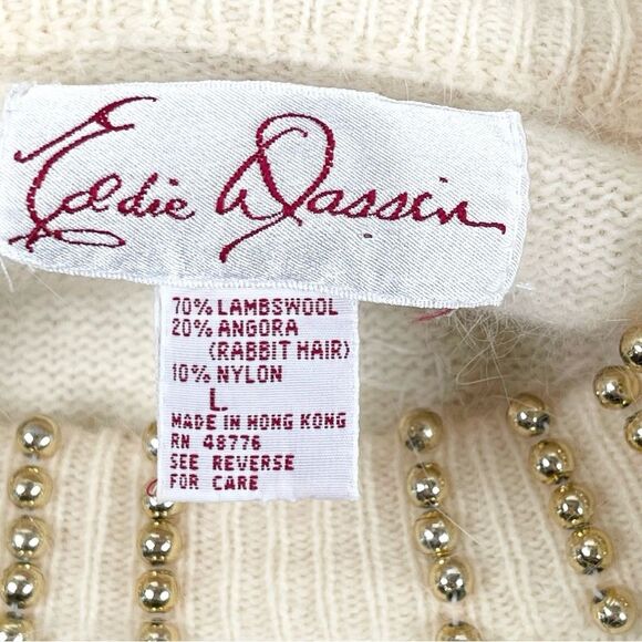 Vintage Eddie Dassin Ivory Gold Beaded Lambswool Angora Crew Sweater Size Large - Picture 5 of 9